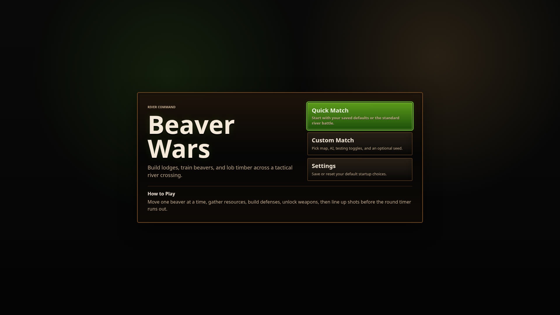 May 18, 2026: River Command panel with Quick Match, Custom Match, and Settings